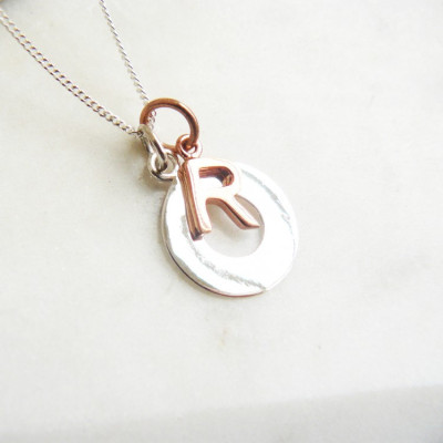Sterling Silver Circle Pendant with Rose Gold Vermeil Letter Charm Necklace