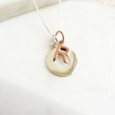 Sterling Silver Circle Pendant with Rose Gold Vermeil Letter Charm Necklace
