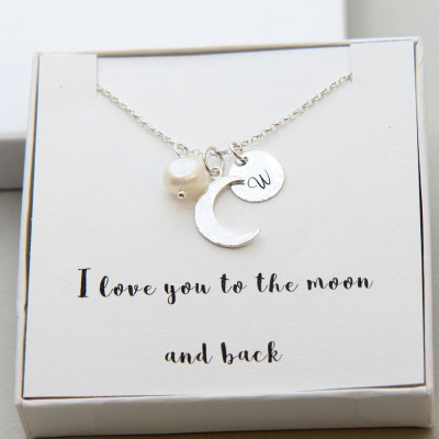 Sterling Silver Crescent Moon Necklace, Personalized I Love You To The Moon and Back Necklace, Personalized Initial Necklace, Gift for Her
