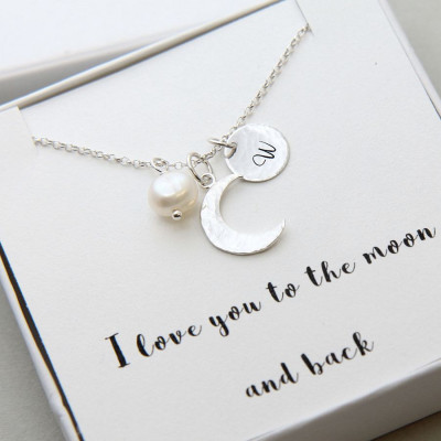 Sterling Silver Crescent Moon Necklace, Personalized I Love You To The Moon and Back Necklace, Personalized Initial Necklace, Gift for Her