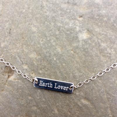 Sterling Silver Engraved Bar EARTH LOVER Choker or Necklace Boho Hippie festival new age