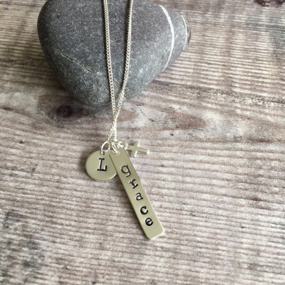 Sterling Silver 'Grace' Tag Necklace with Cross and Stamped Initial, Personalised Necklace, Christian Gift