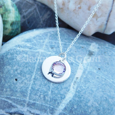 Sterling Silver Hand Stamped Initial Necklace with Birthstone, Round Disc Pendant, Personalised Pendant, Bridesmaid Gift, New Mum Necklace