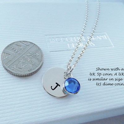Sterling Silver Hand Stamped Initial Necklace with Birthstone, Round Disc Pendant, Personalised Pendant, Bridesmaid Gift, New Mum Necklace