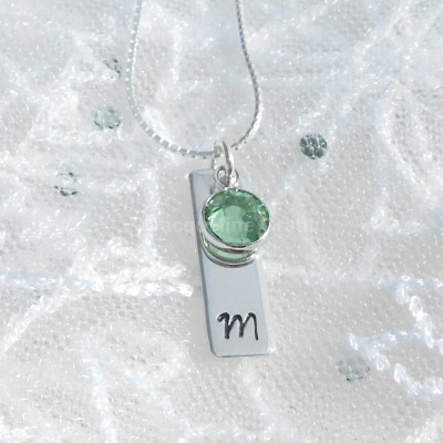 Sterling Silver Hand Stamped Personalised Rectangle Pendant with Swarovski® Birthstone, Personalized necklace with hand stamped initial