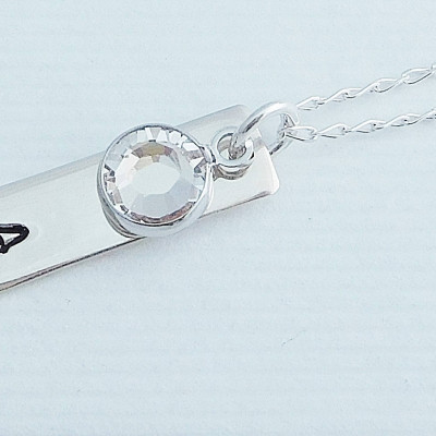 Sterling Silver Hand Stamped Personalised Rectangle Pendant with Swarovski® Birthstone, Personalized necklace with hand stamped initial