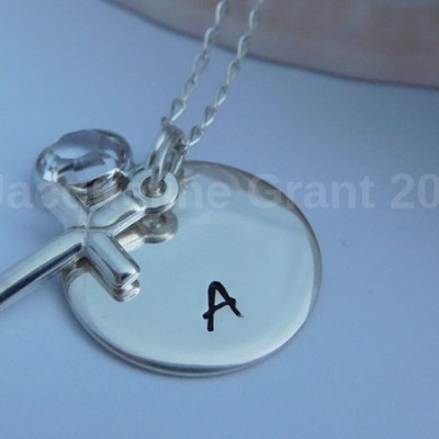 Sterling Silver Handstamped Initial Disc, Birthstone and Cross, Personalised Baptism Gift, Christening Gift, Holy Communion Gift