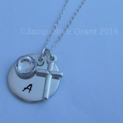 Sterling Silver Handstamped Initial Disc, Birthstone and Cross, Personalised Baptism Gift, Christening Gift, Holy Communion Gift
