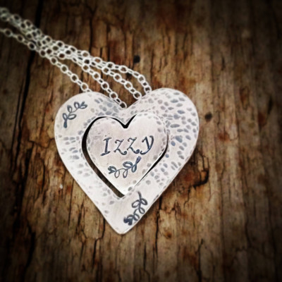 Sterling Silver Mother Daughter Necklace, Set of Two Interlinked Heart Pendants, Can Be Personalized with Names or Textured, Valentines Day