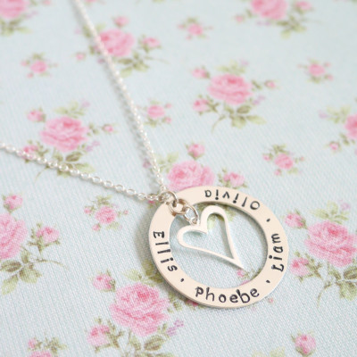 Sterling Silver Mothers Necklace, Valentines Day Gift Idea for Wife, Family Pendant, Personalised Childrens Names, Our Family,Heart Necklace