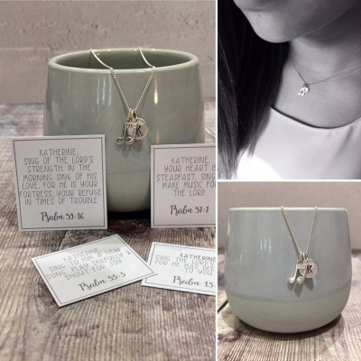 Sterling Silver Musical Note and Initial Tag Necklace with Personalised Scripture, Christian Necklace (free gift box)