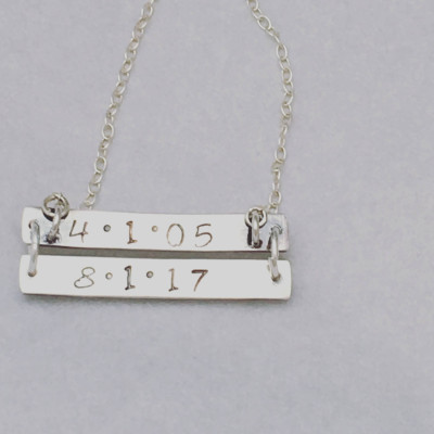 Sterling Silver Name Necklace, Personalised with Childrens Names, Dates, Fits Two lots of Text, Christmas Gift for Mum from Kids Handmade UK