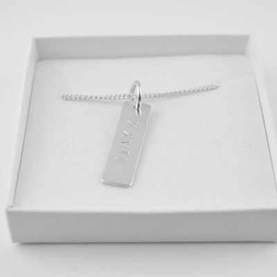 Sterling Silver Personalised Tag Necklace, Name Bar Necklace, Tag Necklace, Roman Numerals Necklace, Vertical Bar Necklace, Hand Stamped