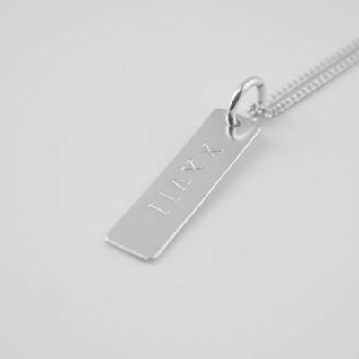 Sterling Silver Personalised Tag Necklace, Name Bar Necklace, Tag Necklace, Roman Numerals Necklace, Vertical Bar Necklace, Hand Stamped