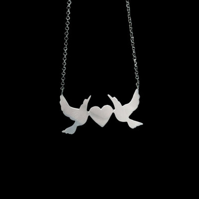 Sterling Silver necklace with a two doves charm and a heart// handmade// uk// necklace pendant// original// made in uk