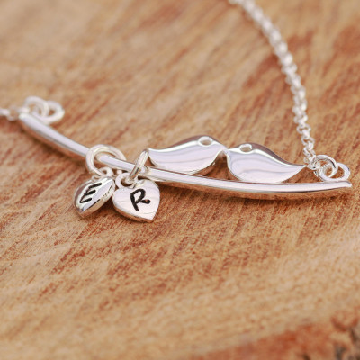 Sterling SilverLove Birds Necklace|Silver Initial Necklace|Silver Love Birds Necklace|Love Bird Necklace|Romantic Necklace|Initial Necklace