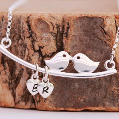 Sterling SilverLove Birds Necklace|Silver Initial Necklace|Silver Love Birds Necklace|Love Bird Necklace|Romantic Necklace|Initial Necklace