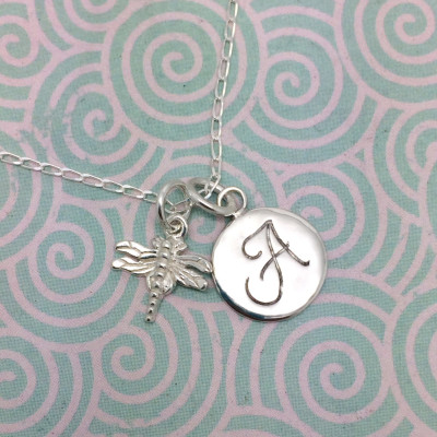 Sterling silver monogram necklace with optional handwrapped Swarovski & sterling dragonfly charm | for her | gift idea | wedding | birthday