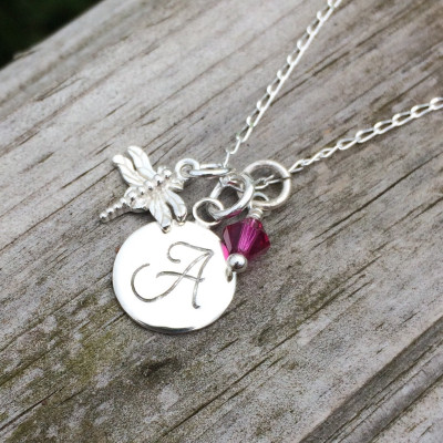 Sterling silver monogram necklace with optional handwrapped Swarovski & sterling dragonfly charm | for her | gift idea | wedding | birthday