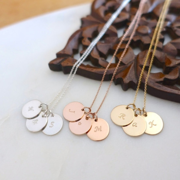 Three 1/2" Initial Disc Necklace, Silver Initial Necklace, Rose Gold Initial Necklace, Gold Personalized Necklace, Silver Gold Filled Discs