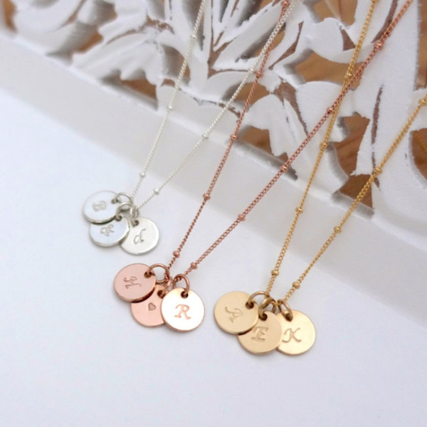 Three 3/8" Discs Initial Necklace, Silver Initial Necklace, Gold Filled Initial Necklace, Personalized Necklace, Satellite Chain Necklace