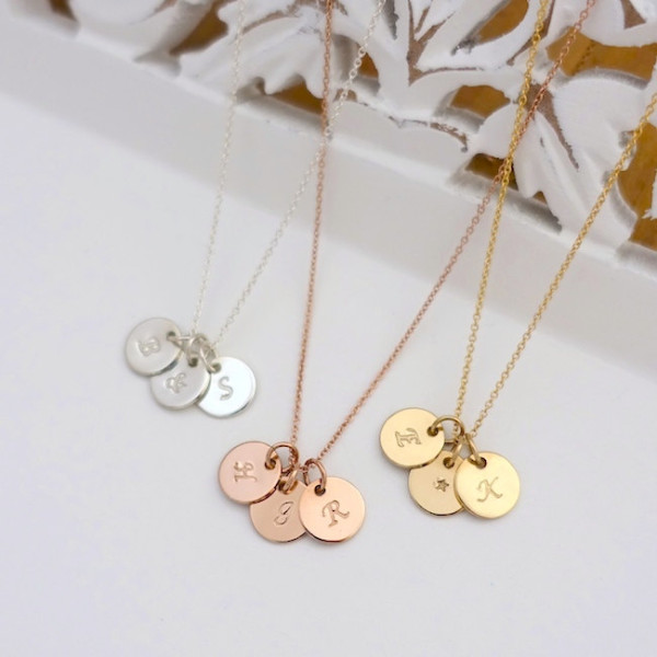 Three 3/8" Initial Disc Necklace, Silver Initial Necklace, Rose Gold Filled Initial Necklace, Gold Silver Personalized Necklace, Three Discs