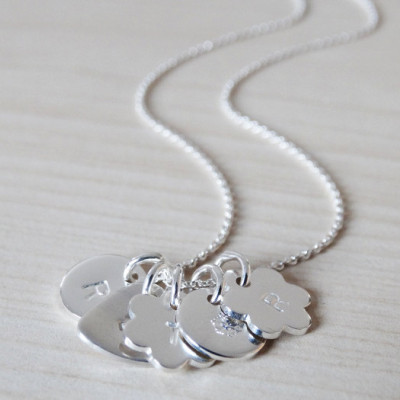 Tiny Silver Charms Necklace With Initial, Sterling Silver