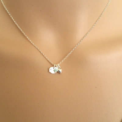 Tiny bird necklace, Sterling silver little bird, puff heart necklace with semi precious aqua  dangle