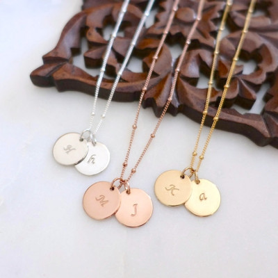 Two 1/2" Disc Initial Necklace, Silver Initial Necklace, Gold Filled Initial Disc Necklace, Personalized Necklace, Satellite Chain Necklace