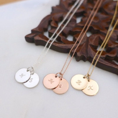 Two 1/2" Disc Initial Necklace, Silver Initial Necklace, Rose Gold Filled Disc Necklace, Personalized Necklace, Monogram Disc Charm Necklace