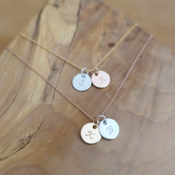 Two 3/8" Disc Initial Necklace, Rose Gold Initial Necklace, Silver Initial Necklace, Sterling Silver Gold filled Two Initial Disc Necklace