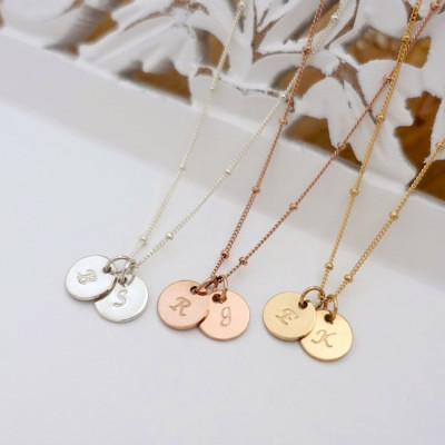 Two 3/8" Discs Initial Necklace, Silver Initial Necklace, Gold Filled Initial Necklace, Gold Personalized Necklace, Satellite Chain Necklace