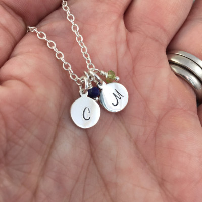 Two Initial Birthstone Necklace, Personalised Initial Necklace, Sterling Silver, Mother gift, wife gift, girlfriend gift