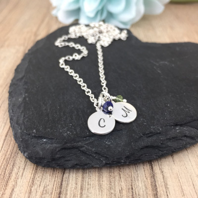 Two Initial Birthstone Necklace, Personalised Initial Necklace, Sterling Silver, Mother gift, wife gift, girlfriend gift