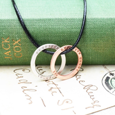 Unisex double hoop sterling silver and copper chunky  personalised necklace. Personalised name and date necklace. Necklacefor men