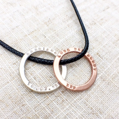 Unisex double hoop sterling silver and copper chunky  personalised necklace. Personalised name and date necklace. Necklacefor men