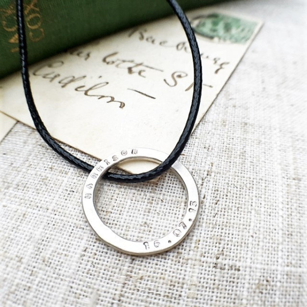 Unisex single sterling silver hoop chunky personalised necklace. Personalised name and date necklace. Necklacefor men