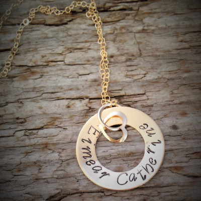 Washer Necklace, Personalised 18ct Rolled Gold Necklace, Stamped with Names of Your Choice, Brides Jewellery Grandmother Mother Gift UK Shop