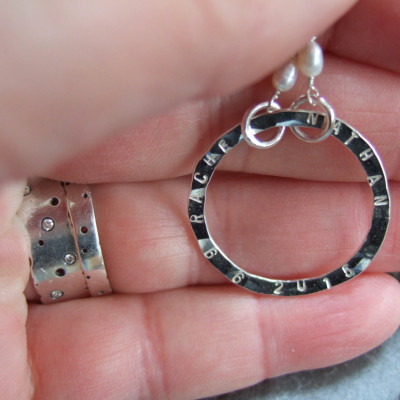 Wedding date / name sterling silver necklace featuring Dawn Gill Designs hammered hoop OOAK