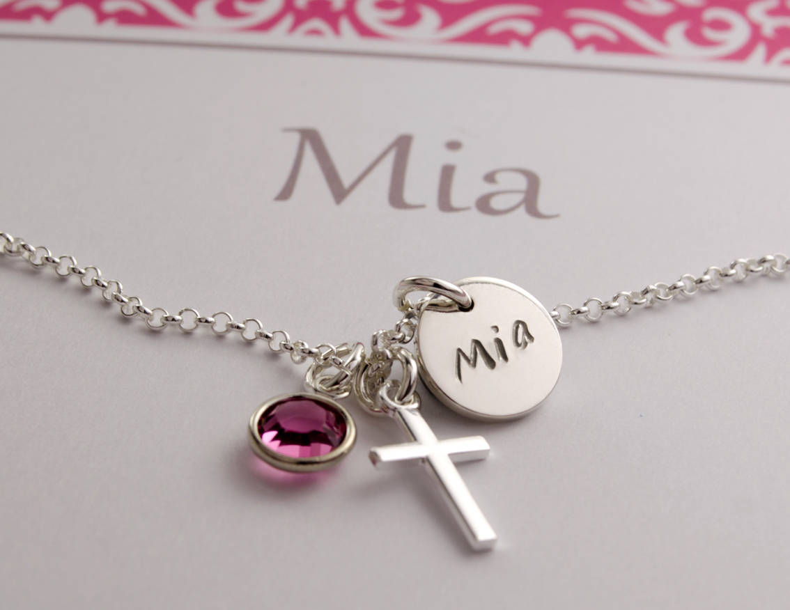 Christening necklace with gift box engraved cross name chain