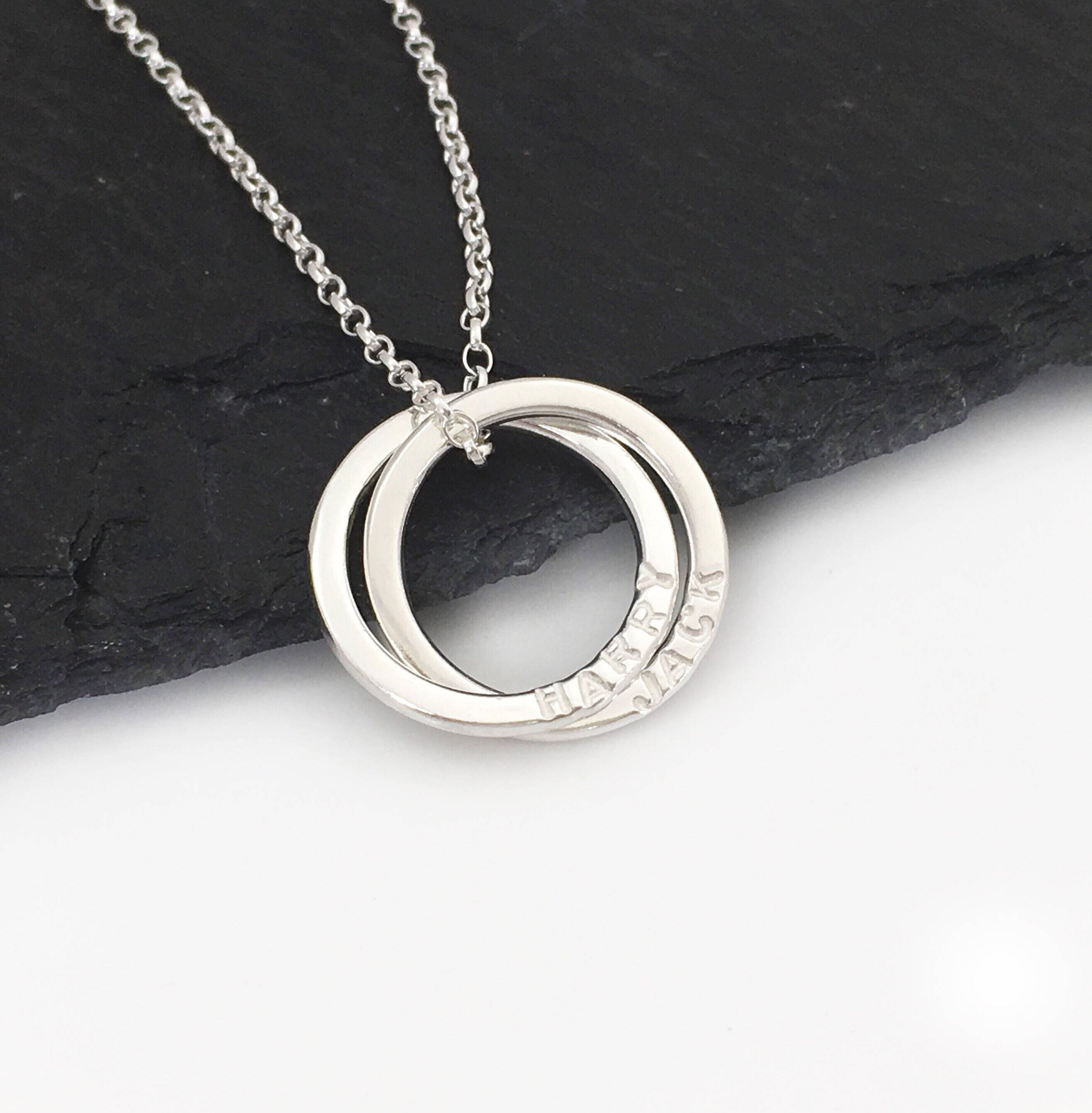 Personalised 2 ring name necklace, sterling silver linked ring necklace