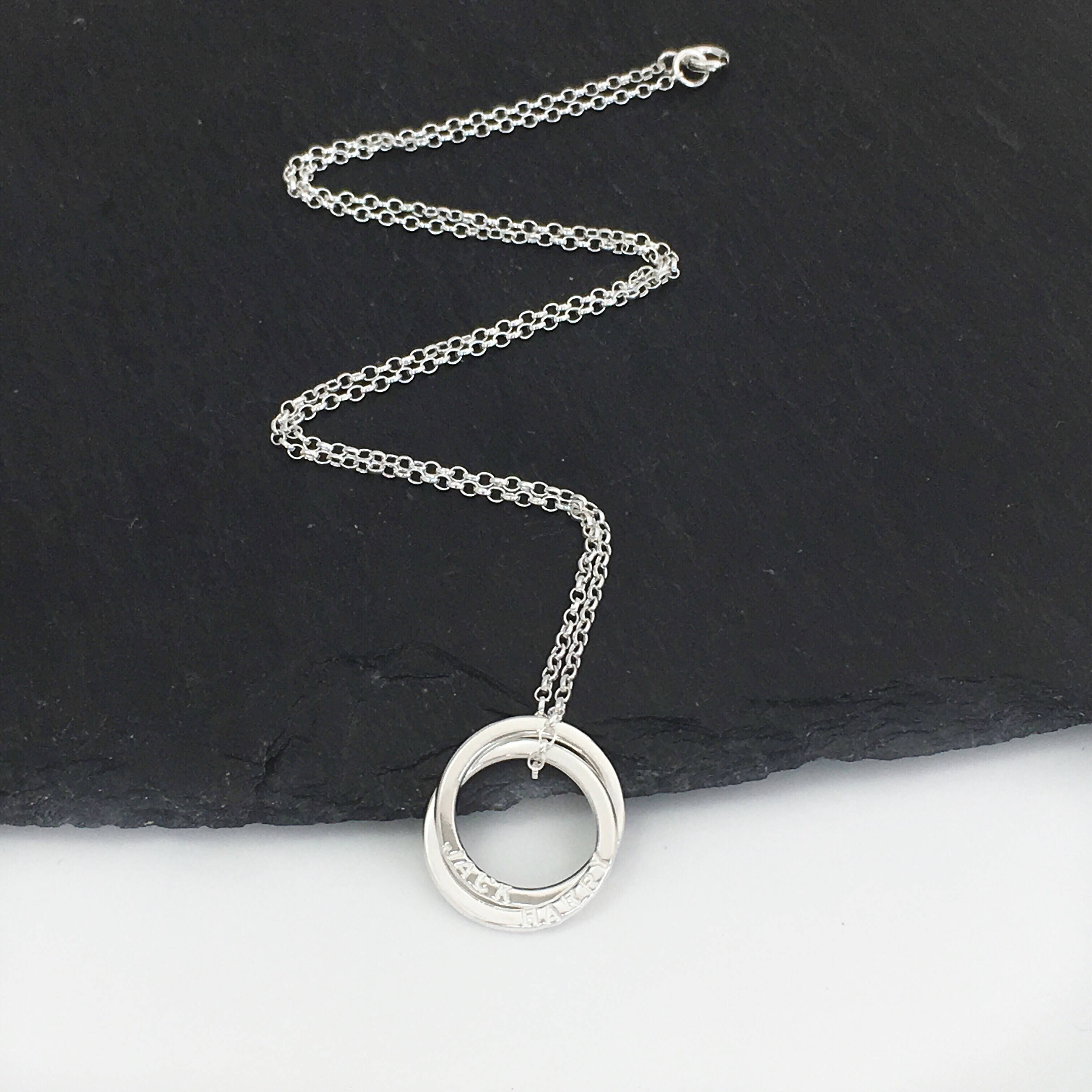 Personalised 2 ring name necklace, sterling silver linked ring necklace