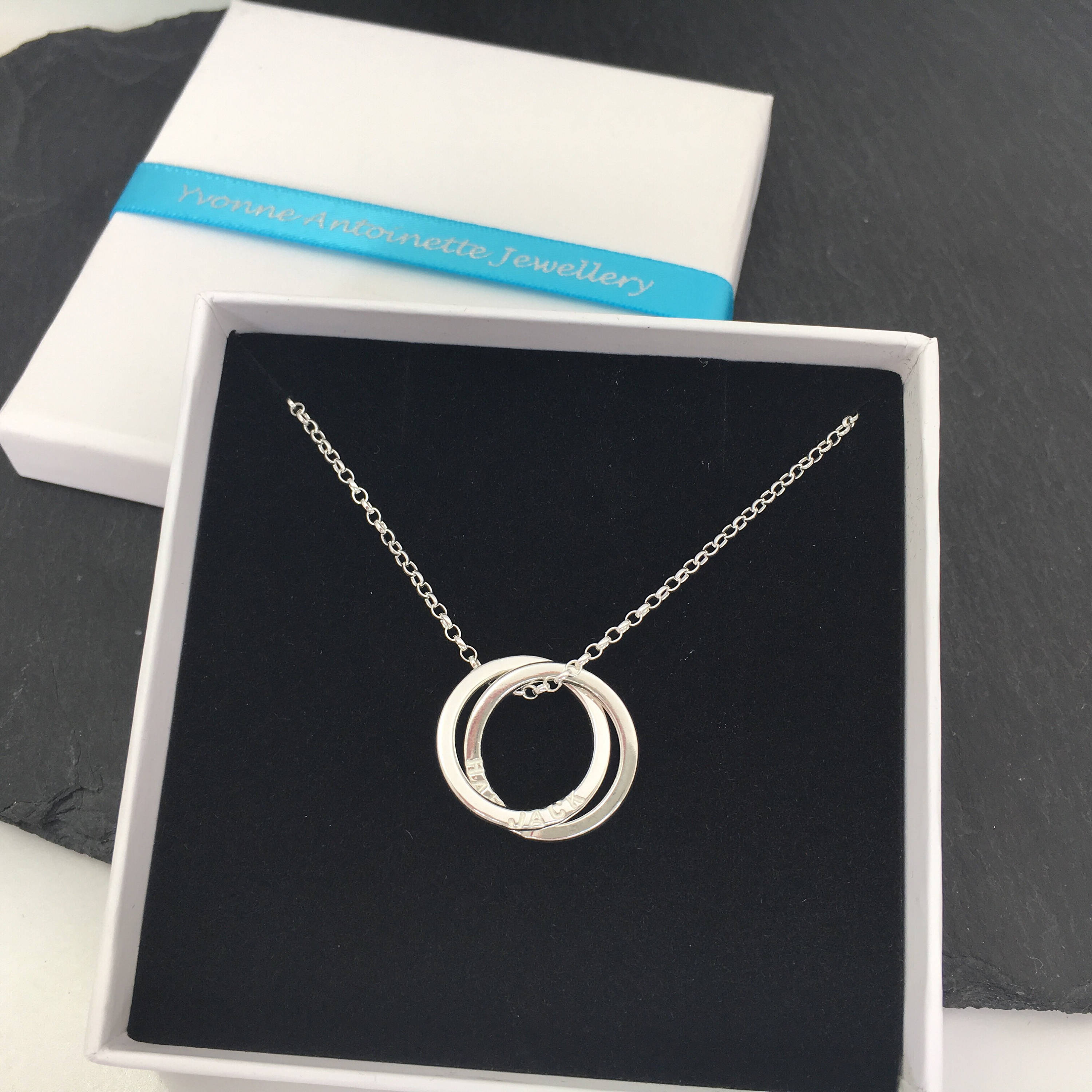 Personalised 2 ring name necklace, sterling silver linked ring necklace