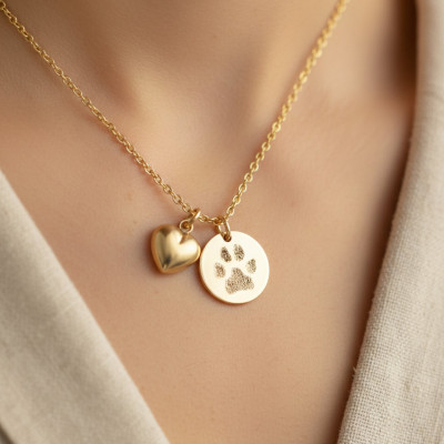 Your pet's actual paw print pendant and puffed heart charm necklace in 14k yellow gold fill or sterling silver - custom pet memorial jewelry
