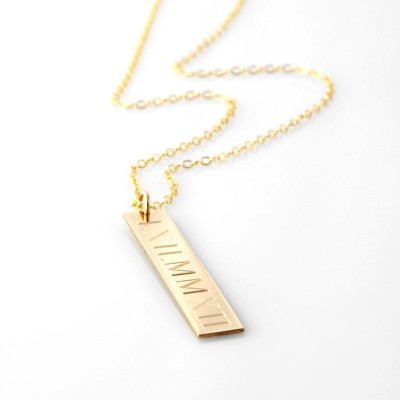14k gold filled Vertical bar personalized nameplate engraved pendant Roman numerals, compass coordinates & symbols - save the date