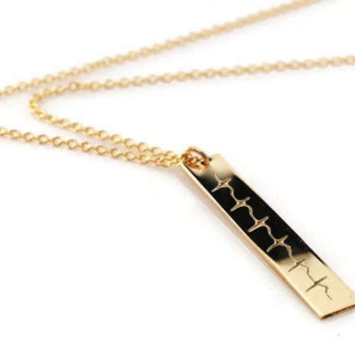 Actual Heartbeat vertical bar nameplate necklace | EKG | ECG | GOLD filled or silver personalized reversible sonogram necklace | new baby