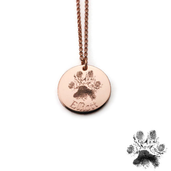 Actual dog or cat paw print personalized pendant necklace in solid sterling silver, 14k yellow or 14k rose gold filled Remembrance memorial
