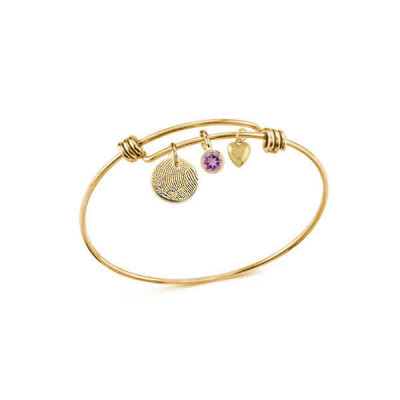 Actual fingerprint, handprint or footprint expandable bracelet with puffed heart & birthstone crystal - yellow gold fill or sterling silver