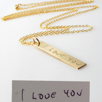 Actual handwriting & signatures engraved 14k gold fill or sterling silver vertical bar nameplate necklace - Memorial personalized jewelry