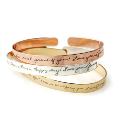 Actual handwriting custom engraved cuff bracelet in 14k Gold fill or solid sterling silver - Personalized  UNIQUE remembrance keepsake